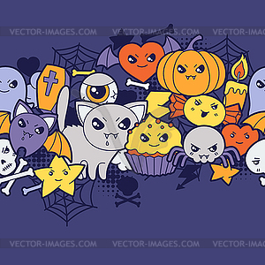 Seamless halloween kawaii pattern with cute doodles - vector clipart