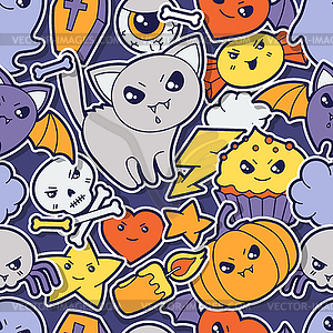 Seamless halloween kawaii pattern with sticker - vector clip art