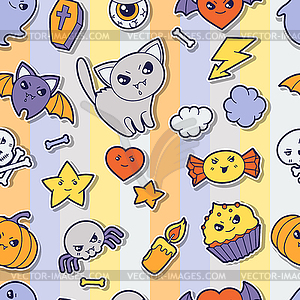 Seamless halloween kawaii pattern with sticker - vector clip art