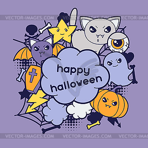 Halloween kawaii greeting card with cute doodles - vector image