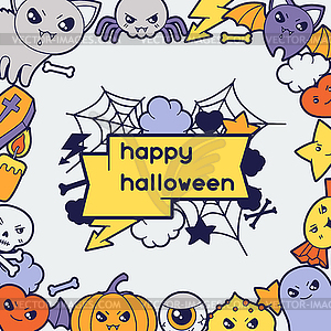 Halloween kawaii greeting card with cute doodles - vector clipart