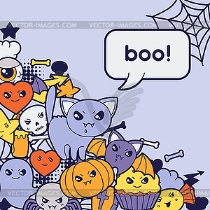 Halloween kawaii greeting card with cute doodles - vector image