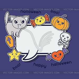 Halloween kawaii greeting card with cute sticker - vector clipart