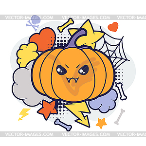 Halloween kawaii print or card with cute doodle - vector clipart