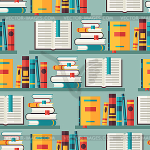 Seamless pattern with books on bookshelves in flat - vector clipart