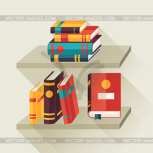 Card with books on bookshelves in flat design style - vector clip art