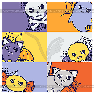 Halloween kawaii greeting cards with cute doodles - royalty-free vector clipart