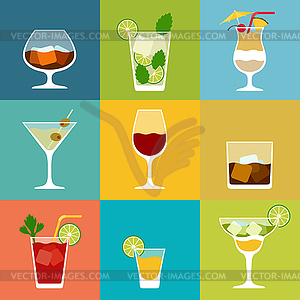 Alcohol drinks and cocktails icon set in flat desig - vector image