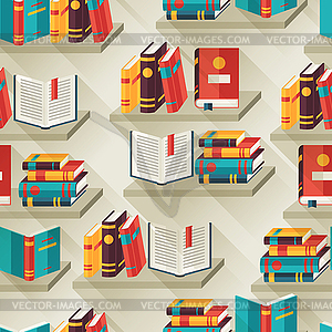 Seamless pattern with books on bookshelves in flat - vector clipart