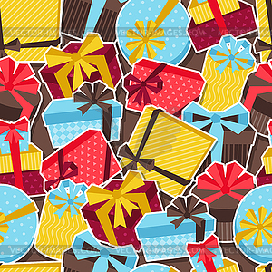 Seamless celebration pattern with sticker gift boxes - vector image