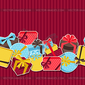 Seamless celebration pattern with sticker gift boxes - vector EPS clipart