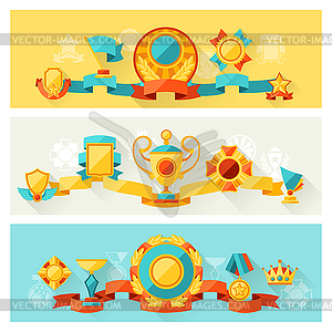 Horizontal banners with trophy and awards in flat - vector clip art