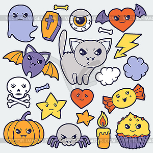 Set of halloween kawaii cute doodles and objects - vector image