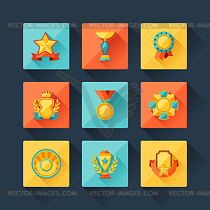 Trophy and awards icons set in flat design style - vector image