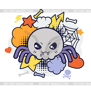 Halloween kawaii print or card with cute doodle - vector clipart