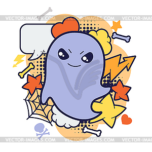 Halloween kawaii print or card with cute doodle - vector clipart