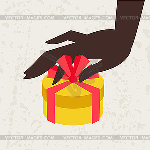 Card female hand holding gift box - vector clip art