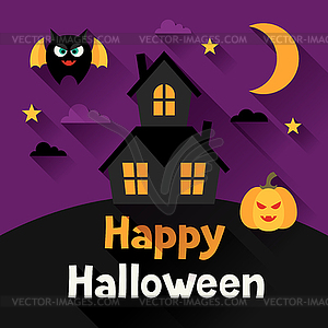 Счастливый Хэллоуин открытка в плоском стиле дизайна - иллюстрация в векторном формате