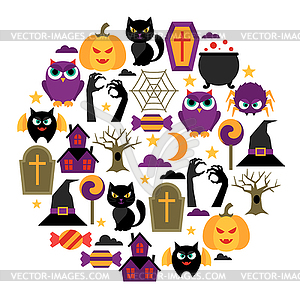 Happy halloween greeting card with flat icons - vector clipart