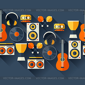 Seamless pattern with musical instruments in flat - vector clipart