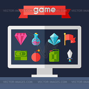 Background with game icons in flat design style - vector clipart
