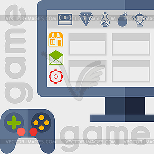 Background with game icons in flat design style - vector image