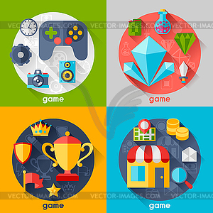 Background with game icons in flat design style - vector image