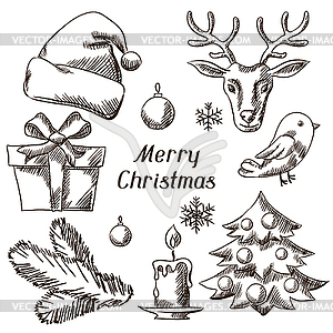 Набор Веселые рождественские иконки и объекты - векторное изображение