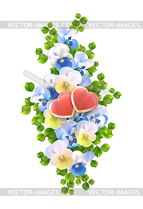 Bouquet flowers, hearts - vector image