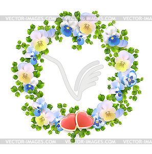 Floral wreath with flowers, hearts - color vector clipart