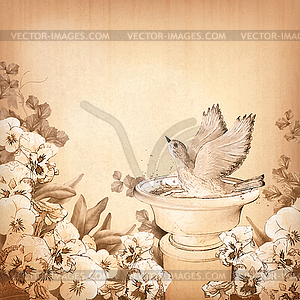 Pencil hand drawing bird in bath and pansy flower - vector image