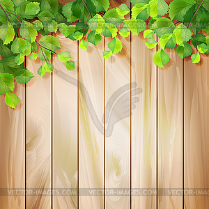 Green leaves on wood texture. background - vector clipart