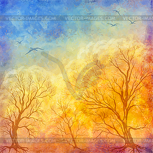 Oil painting autumn trees, flying birds - color vector clipart