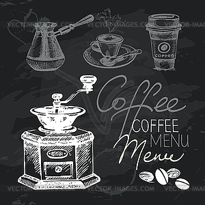 Coffee chalkboard design set. Black chalk texture - vector clip art