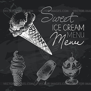 Ice creame chalkboard design set. Black chalk - vector clipart