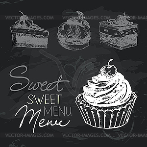 Sweet cakes chalkboard design set. Black chalk - vector image
