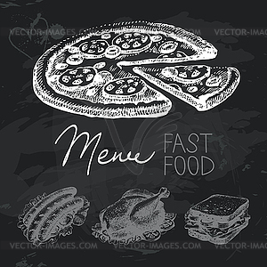 Fast food chalkboard design set. Black chalk texture - vector clipart