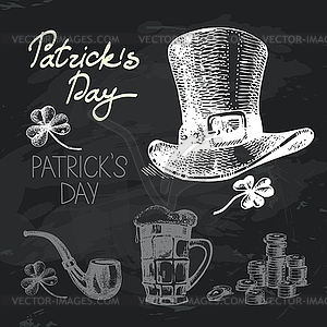 St. Patrick`s Day chalkboard design set. Black chalk - vector clip art