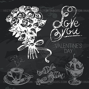 Valentine`s Day chalkboard design set. Black chalk - vector image