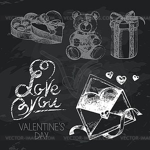 Valentine`s Day chalkboard design set. Black chalk - vector image