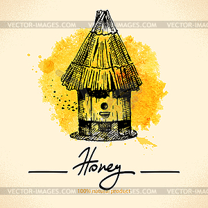 Honey background with sketch and watercolor - vector image