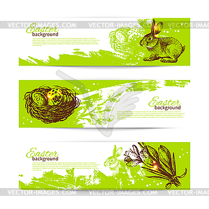 Set of vintage Easter banners with sketch - vector clip art