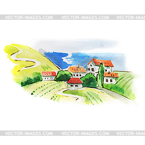 Painted watercolor vineyard landscape - vector image