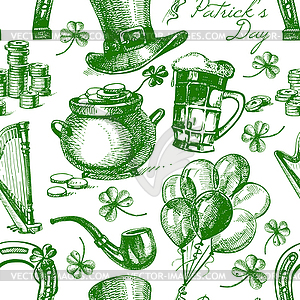 St. Patrick’s Day seamless pattern with sketch illu - vector clip art