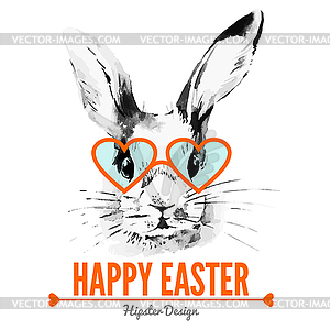 Hipster Easter rabbit. Card with sketch watercolor - vector image