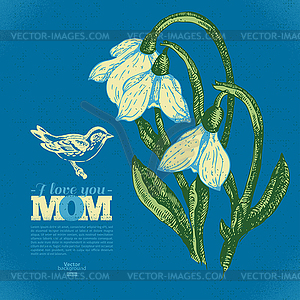 Vintage floral card with snowdrop and bird. Happy - vector clip art