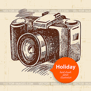 Vintage travel and holiday background with camera. - vector clip art