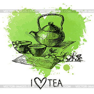 Tea background with splash watercolor heart and - vector clip art