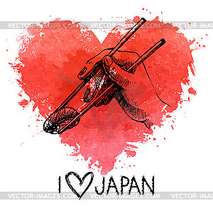 Sketch sushi with splash watercolor hear - vector clipart / vector image