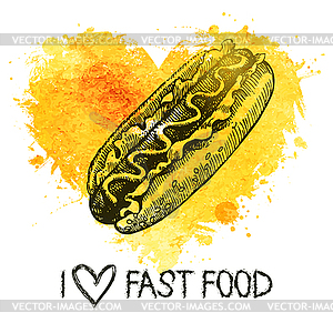 Fast food background with splash watercolor heart. - vector clipart